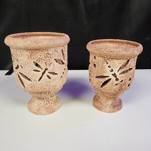 Set of 2 Candle Light Holders Rustic Pottery Fireflies